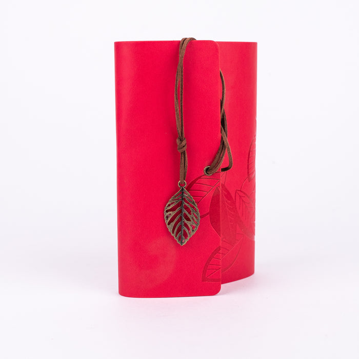 Medium Size Leather Diary - Leaf Design (Red)
