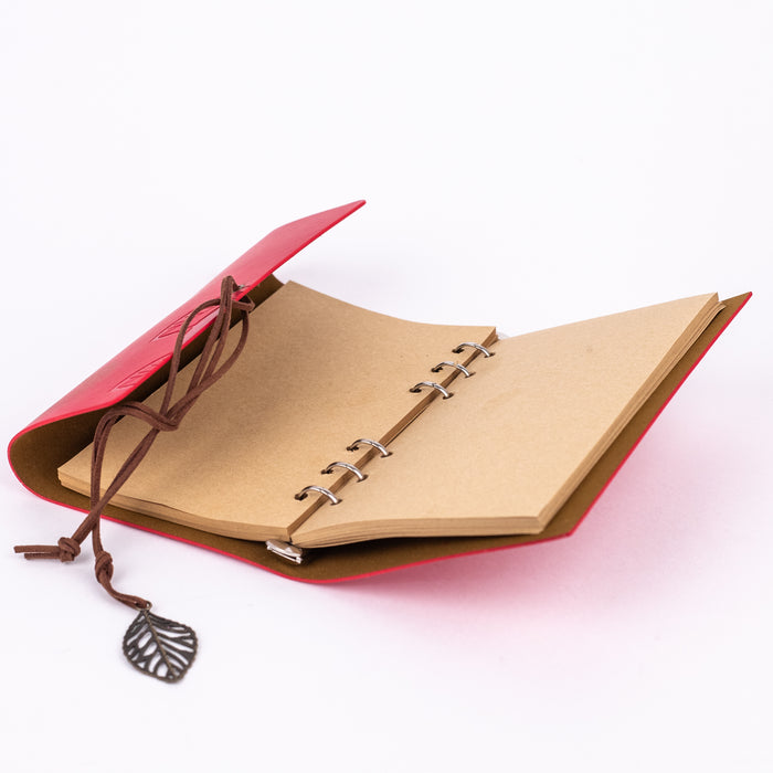 Medium Size Leather Diary - Leaf Design (Red)