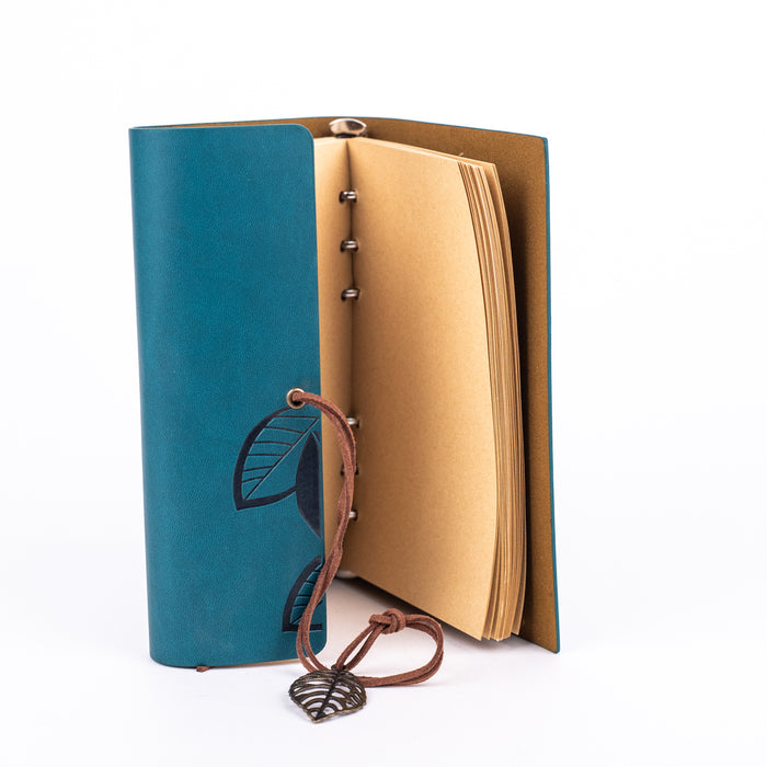 Medium Size Leather Diary - Leaf Design (Teal)