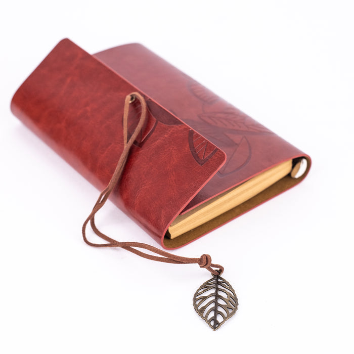 Medium Size Leather Diary - Leaf Design (Brown)