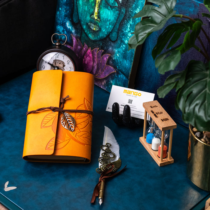 Medium Size Leather Diary - Leaf Design (Orange)