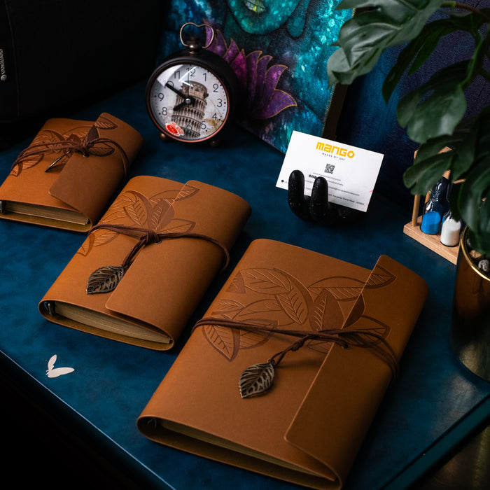 Medium Size Leather Diary - Leaf Design (Tan)