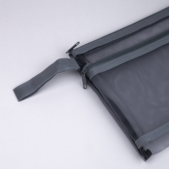 Mesh-nylon-double-zipper-multipurpose-pouch-grey-A5-close-up-view