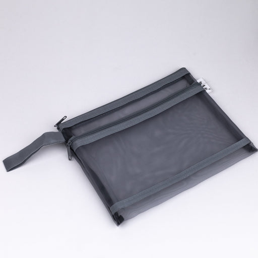Mesh-nylon-double-zipper-multipurpose-pouch-grey-A5-front-view
