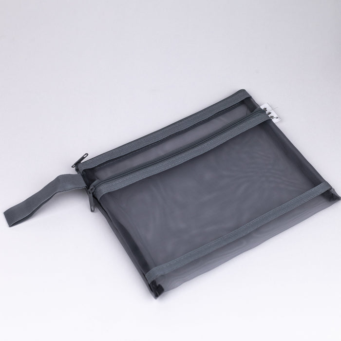 Mesh-nylon-double-zipper-multipurpose-pouch-grey-A5-front-view