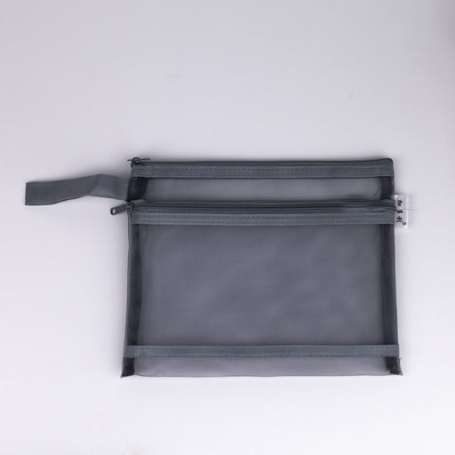Mesh-nylon-double-zipper-multipurpose-pouch-grey-A5-top-view