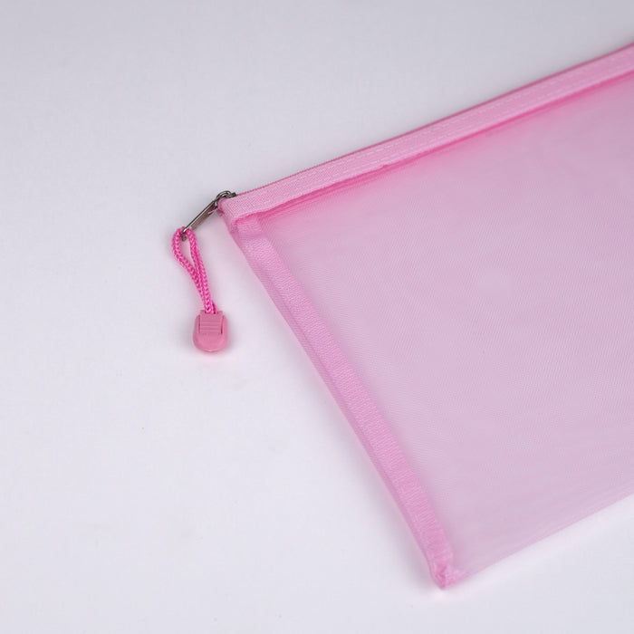 Mesh-nylon-zip-up-multipurpose-pouch-pink-A5-close-up-view
