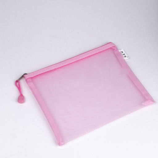 Mesh-nylon-zip-up-multipurpose-pouch-pink-A5-front-view