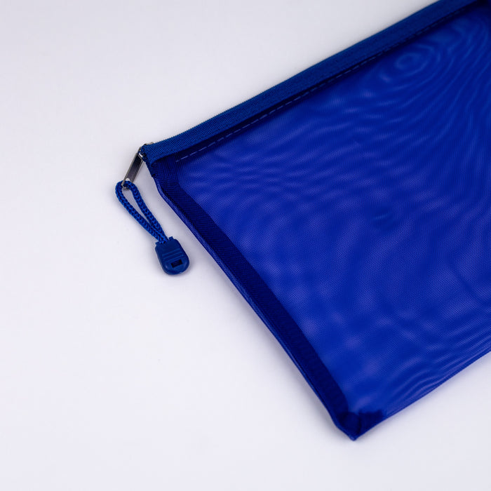 Mesh-nylon-zip-up-multipurpose-pouch-blue-A5-close-up-view