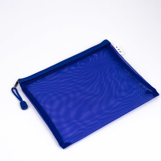 Mesh-nylon-zip-up-multipurpose-pouch-blue-A5-front-view