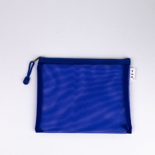 Mesh-nylon-zip-up-multipurpose-pouch-blue-A5-top-view