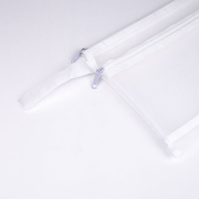 Mesh-nylon-double-zipper-multipurpose-pouch-white-A5-close-up-view