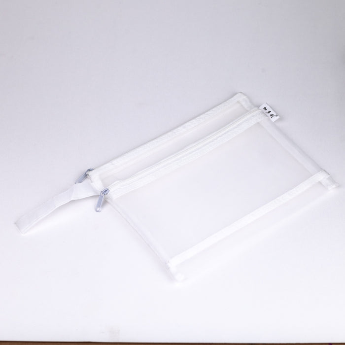 Mesh-nylon-double-zipper-multipurpose-pouch-white-A5-front-view