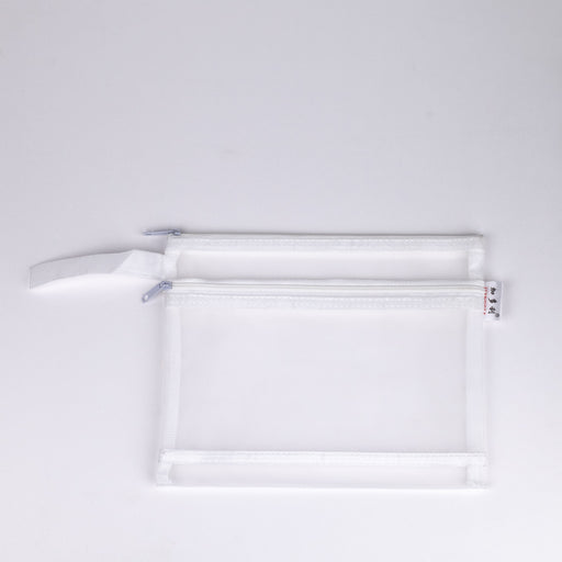 Mesh-nylon-double-zipper-multipurpose-pouch-white-A5-top-view