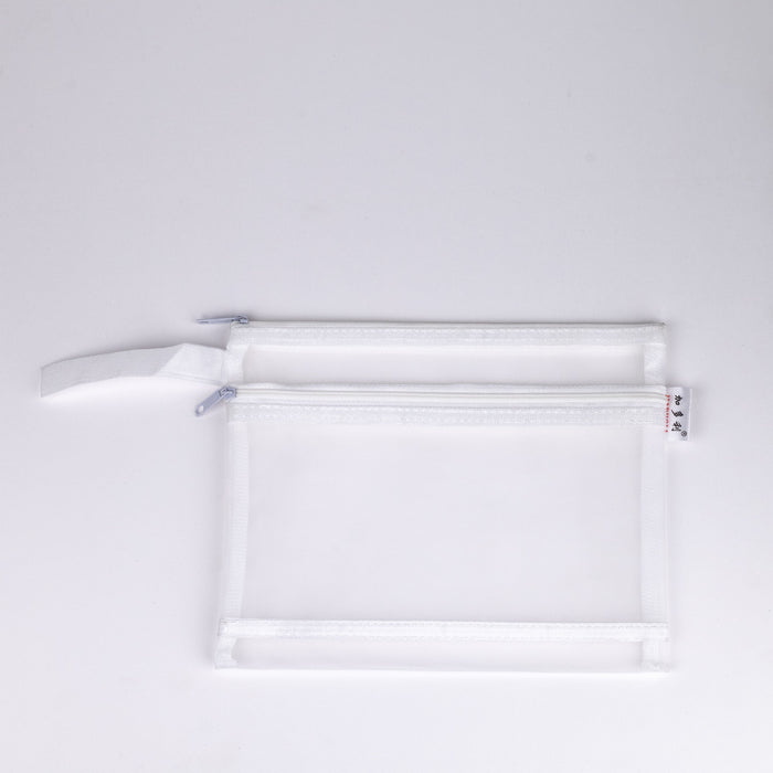Mesh-nylon-double-zipper-multipurpose-pouch-white-A5-top-view