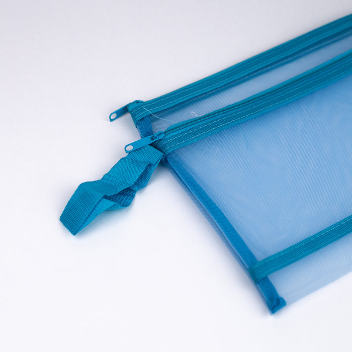 Mesh-nylon-double-zipper-multipurpose-pouch-sky-blue-A5-close-up-view