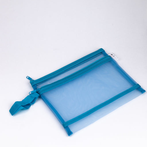 Mesh-nylon-double-zipper-multipurpose-pouch-sky-blue-A5-front-view