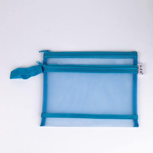 Mesh-nylon-double-zipper-multipurpose-pouch-sky-blue-A5-top-view