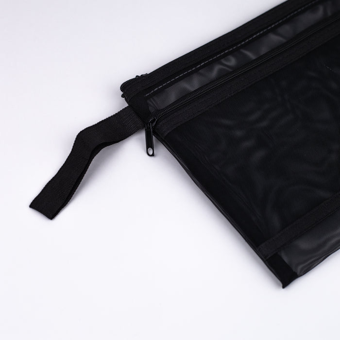 Mesh-nylon-double-zipper-multipurpose-pouch-black -A5-close-up-view