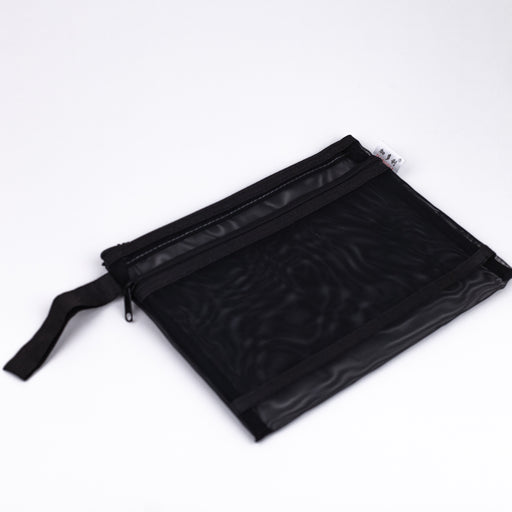 Mesh-nylon-double-zipper-multipurpose-pouch-black -A5-front-view