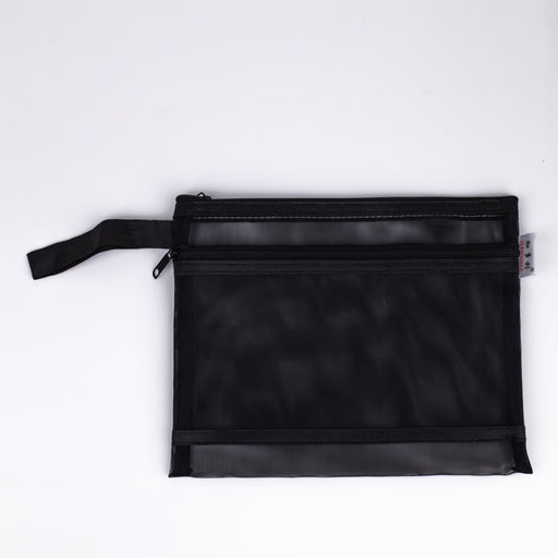Mesh-nylon-double-zipper-multipurpose-pouch-black -A5-top-view