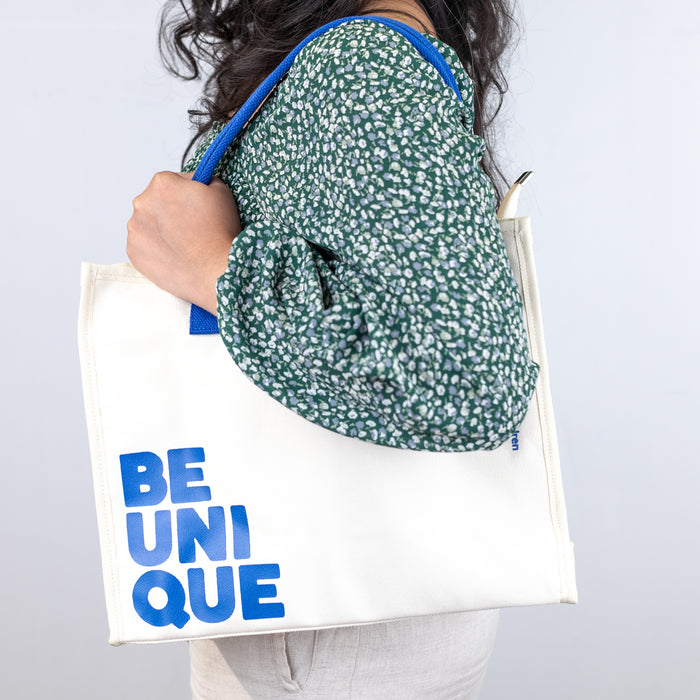Multipurpose Tote Bag with Zipper (Be Unique) - Cream/Blue