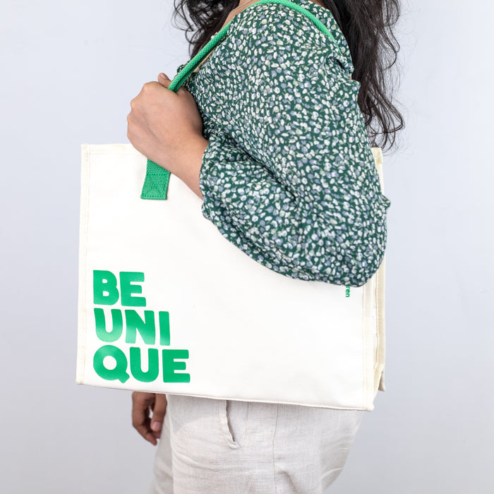 Multipurpose Tote Bag with Zipper (Be Unique) - Cream/Green