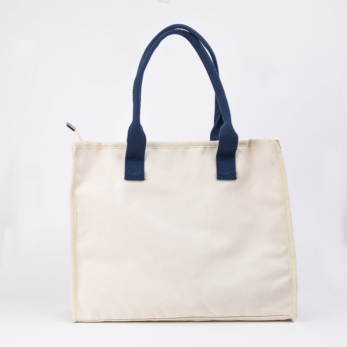 Multipurpose Tote Bag with Zipper - Cream/Navy Blue