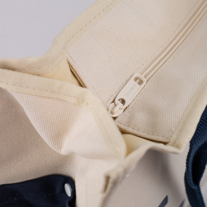 Multipurpose Tote Bag with Zipper - Cream/Navy Blue