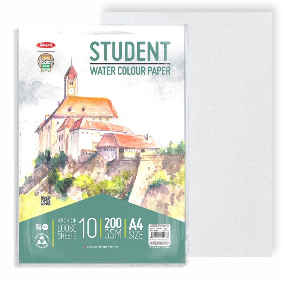 Anupam - Student Watercolour Paper Pack of 10 Loose Sheets A4/200GSM