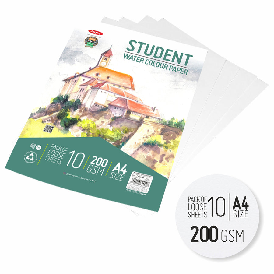 Anupam - Student Watercolour Paper Pack of 10 Loose Sheets A4/200GSM