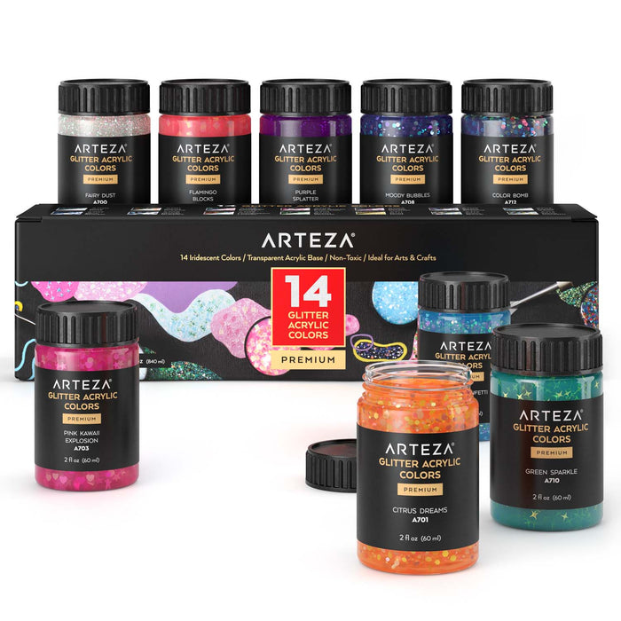 ARTEZA - Glitter Acrylic Colour Set, Iridescent, 2oz Bottles ( Set of 14 )