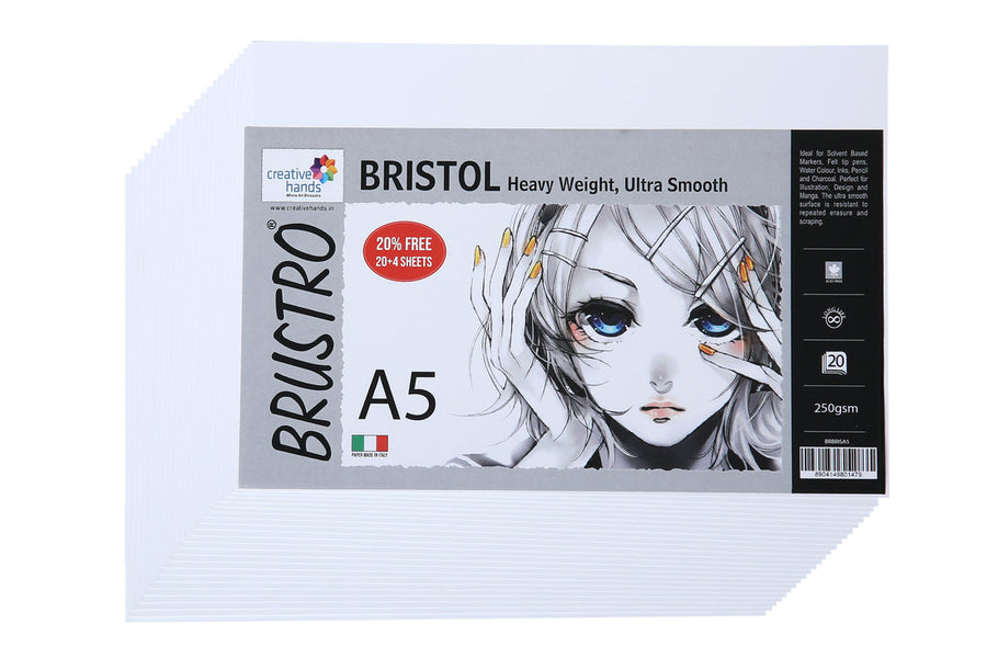 Brustro Ultra Smooth Bristol Sheets, A5 Size, 250 GSM Pack of 20 + 4 Free Sheets