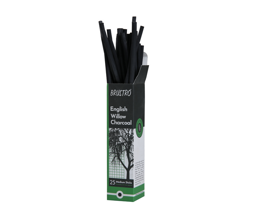 Brustro English Willow Charcoal – Medium (Set of 25 Sticks | 5–6mm Diameter)