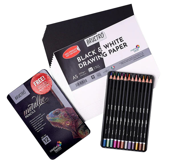 BRUSTRO - Artist Metallic Colour Pencil Set of 12 (Free Black & White drawing paper 200 gsm, 24 sheets A5)