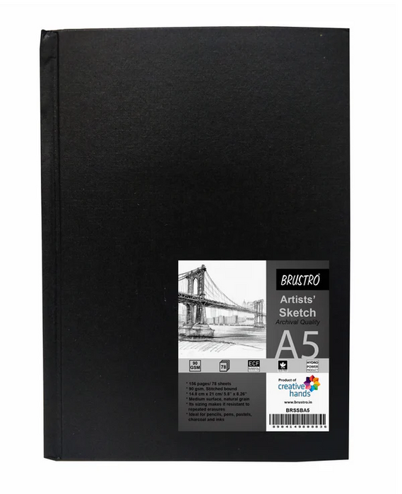 Brustro - Artists Stitched Bound Sketch Book, A5 Size, 156 Pages, 90 GSM