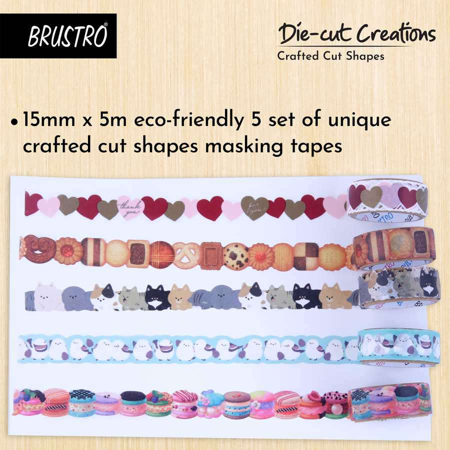 BRUSTRO Die-Cut Creations Washi Tapes – Set of 5 (15mm x 3m)