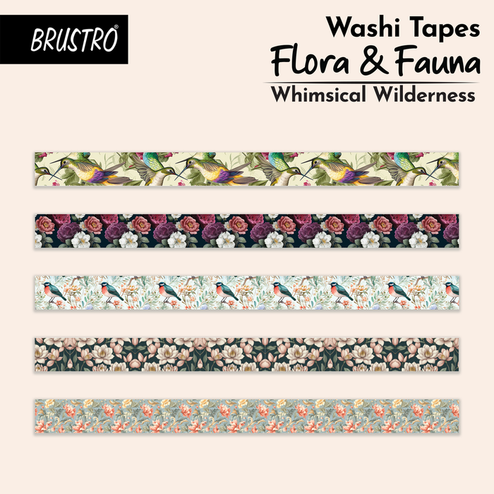 BRUSTRO Washi Masking Tapes – Flora and Fauna Shade | Set of 5 (15mm x 5m)