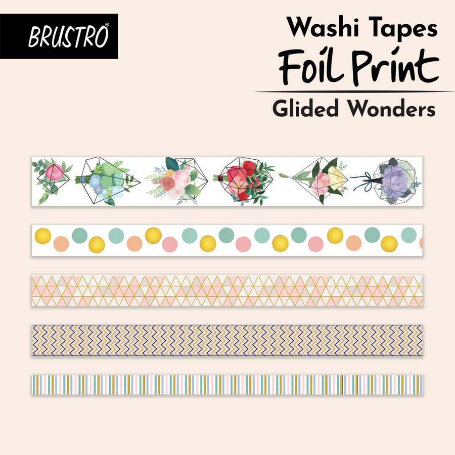 BRUSTRO Foil Print Washi Tapes – Glided Wonders Shade - Set of 5 (Assorted Sizes)
