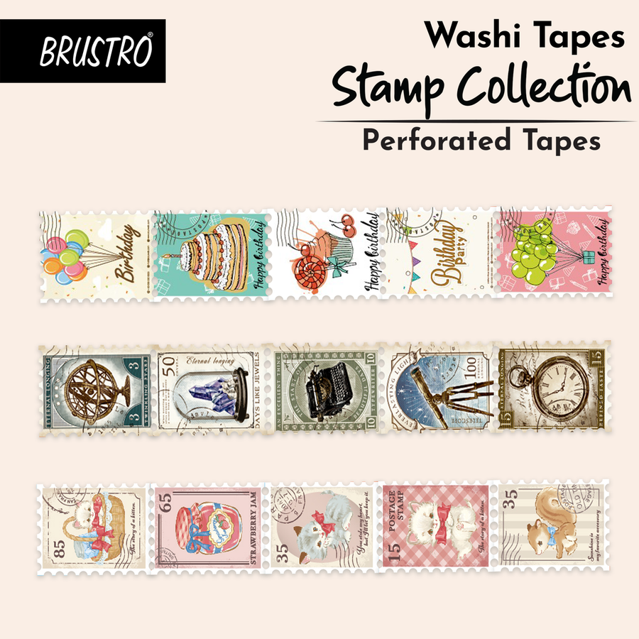 BRUSTRO Washi Tapes – Stamp Collection Shade | Set of 3 (25mm x 5m)