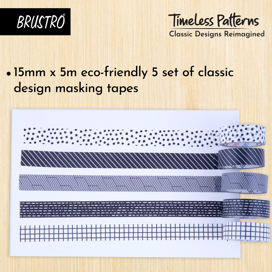 BRUSTRO Timeless Patterns Washi Tapes – Set of 5 (15mm x 5m)
