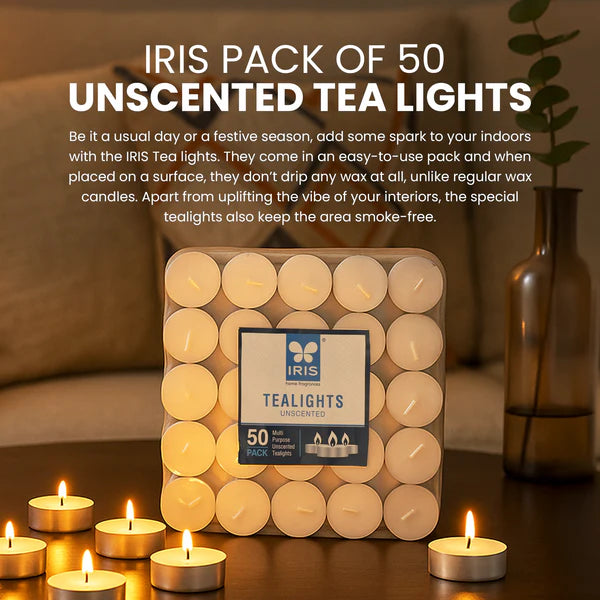 IRIS Pack of 50 Unscented Tealight Candles