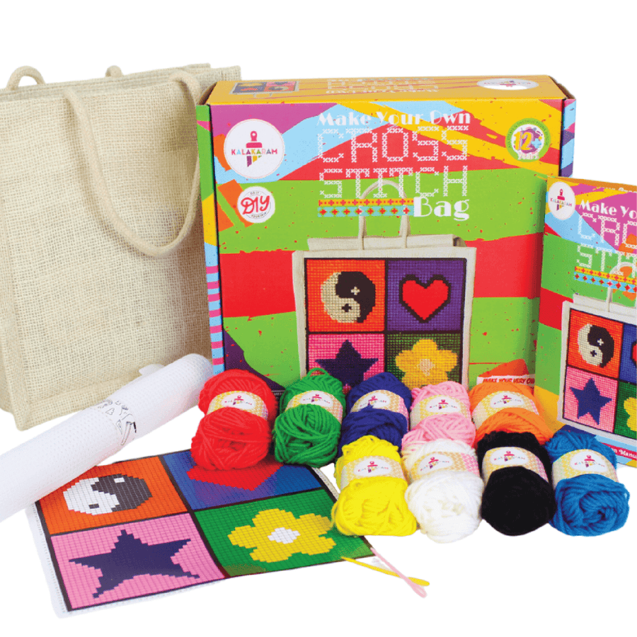 Kalakaram Cross Stitch Bag Kit | DIY Jute Bag Embroidery Craft Set