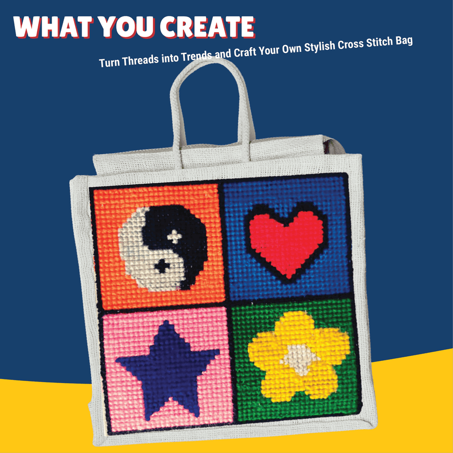 Kalakaram Cross Stitch Bag Kit | DIY Jute Bag Embroidery Craft Set