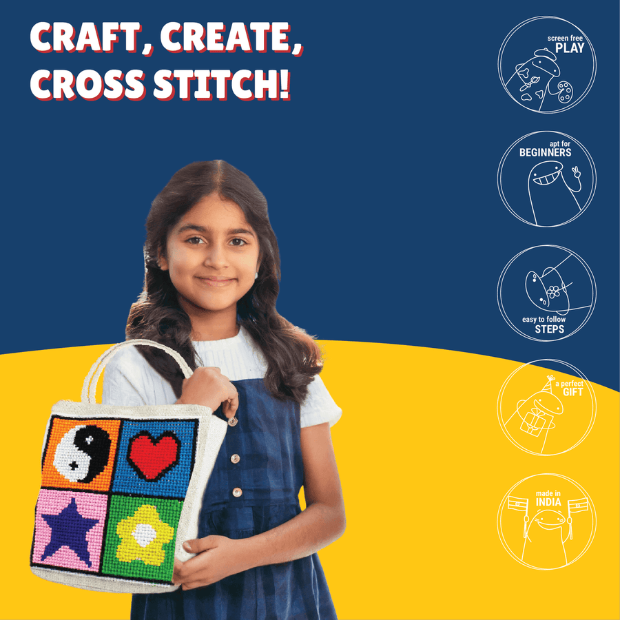 Kalakaram Cross Stitch Bag Kit | DIY Jute Bag Embroidery Craft Set