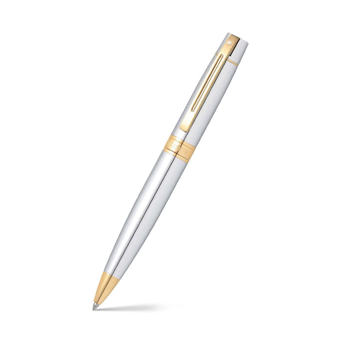 Sheaffer Gift Set – Bright Chrome 300 Ballpoint Pen with Gold Trims & Table Clock