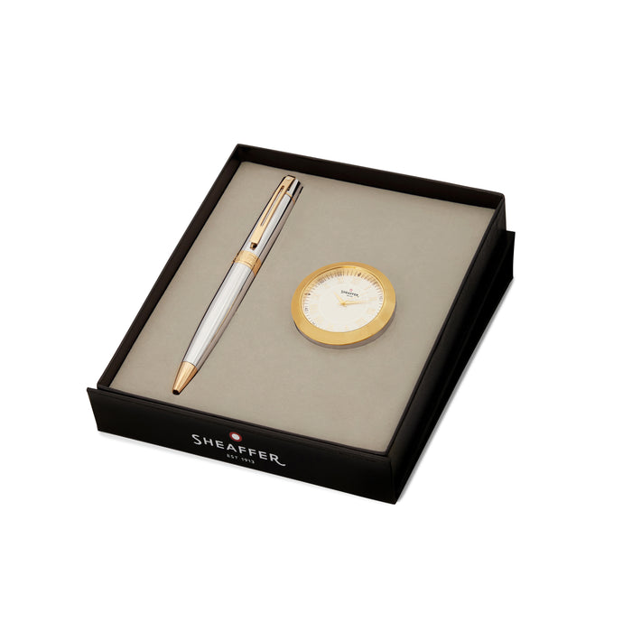 Sheaffer Gift Set – Bright Chrome 300 Ballpoint Pen with Gold Trims & Table Clock