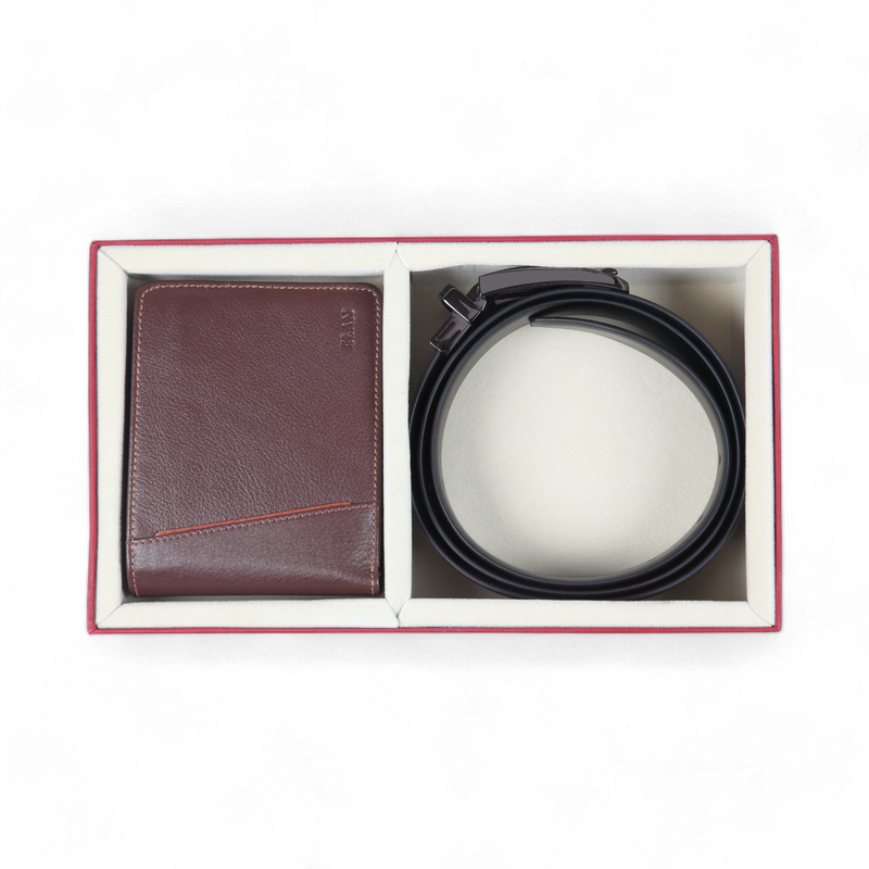 Elan RFID Wallet with Zipper & Reversible Belt Gift Set (Brown)