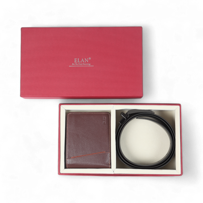 Elan RFID Wallet with Zipper & Reversible Belt Gift Set (Brown)