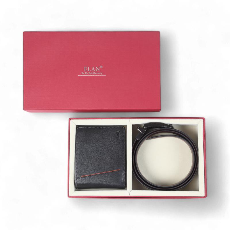Elan RFID Wallet with Zipper & Reversible Belt Gift Set (Black)